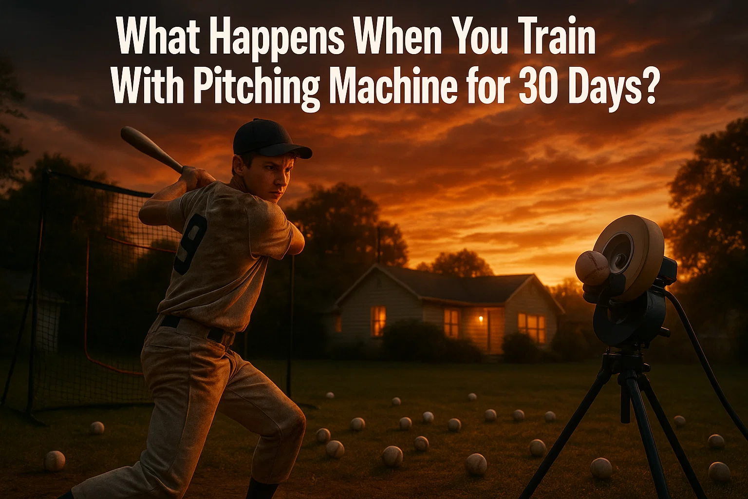 Teen baseball player practicing with a pitching machine in his backyard during sunset, with baseballs scattered on the ground, showing focus, discipline, and transformation over 30 days.